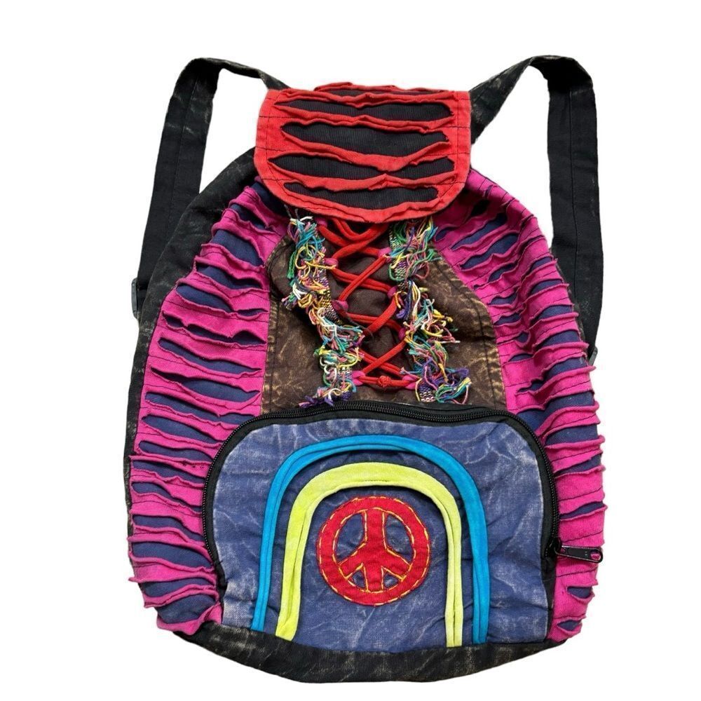 India Boutique Brand Boho Mixed‎ Media Drawstring Backpack
